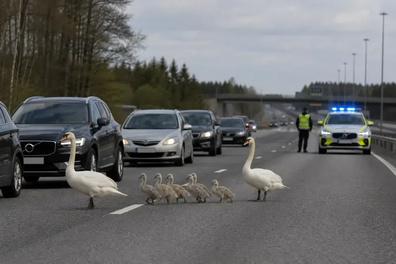 Svanfamilj stoppar trafiken vid E4 i Tönnebro