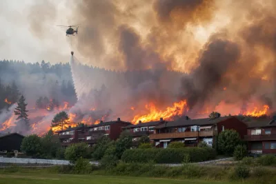 Kraftig brand sprider sig mellan radhus och terräng