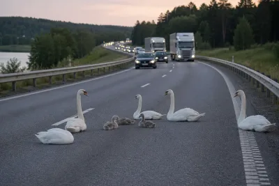 Svanar stoppade trafiken på E4 nära Trosaån
