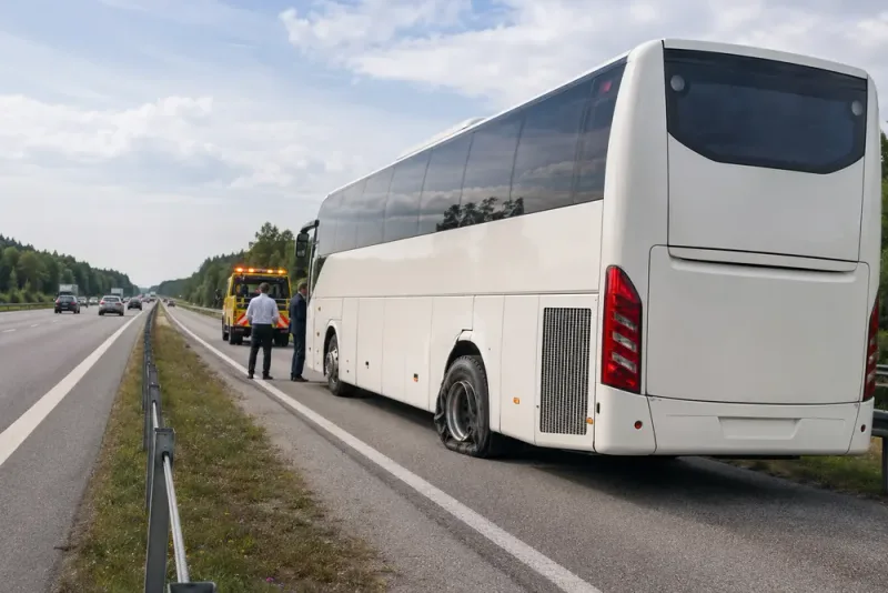 Däckexplosion stoppar SD valbuss på motorvägen
