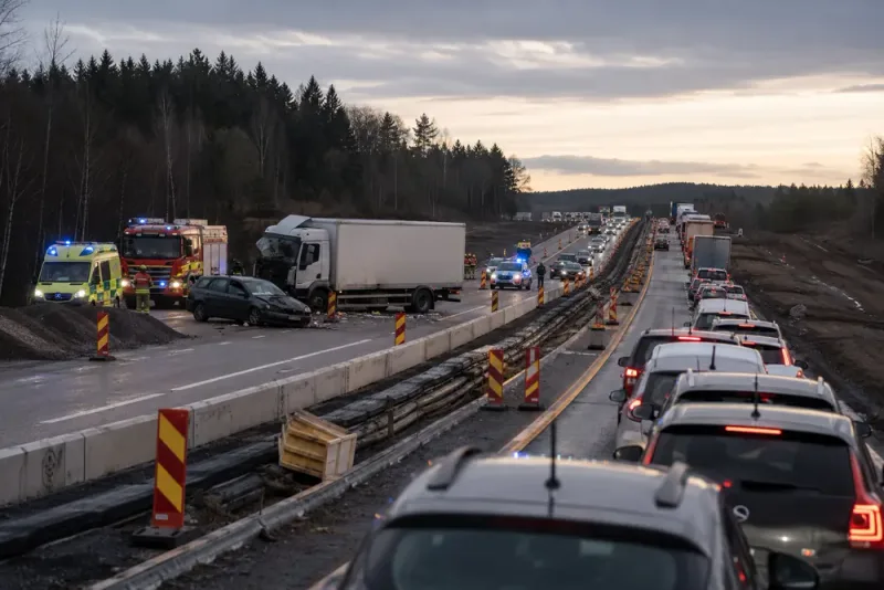 Kraftig krock stoppar E20 utanför Mariestad