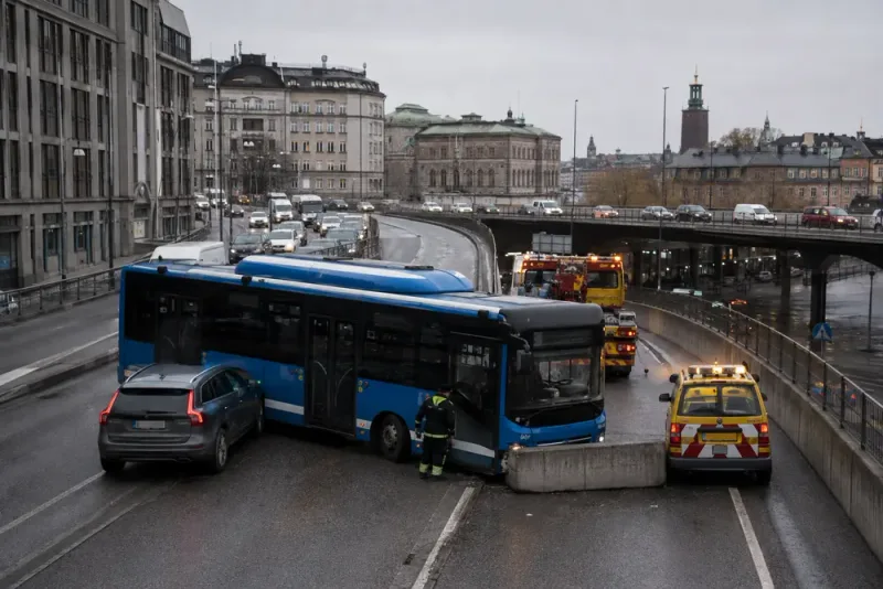 Bussolycka stoppar trafiken vid Centralbron