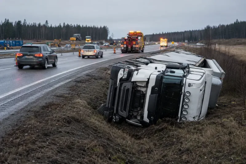 Vält lastbil begränsar trafiken på E20