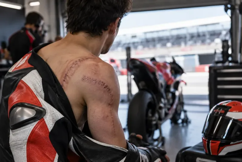 Marc Marquez visar skadorna på axeln