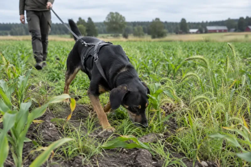 Sökhunden Rox tränas för att hitta aggressivt ogräs