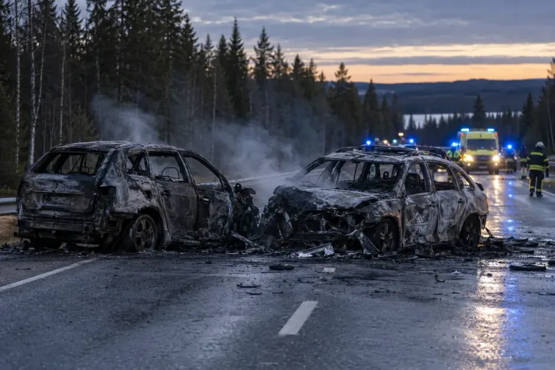 Två bilar utbrända efter kollision i Harads