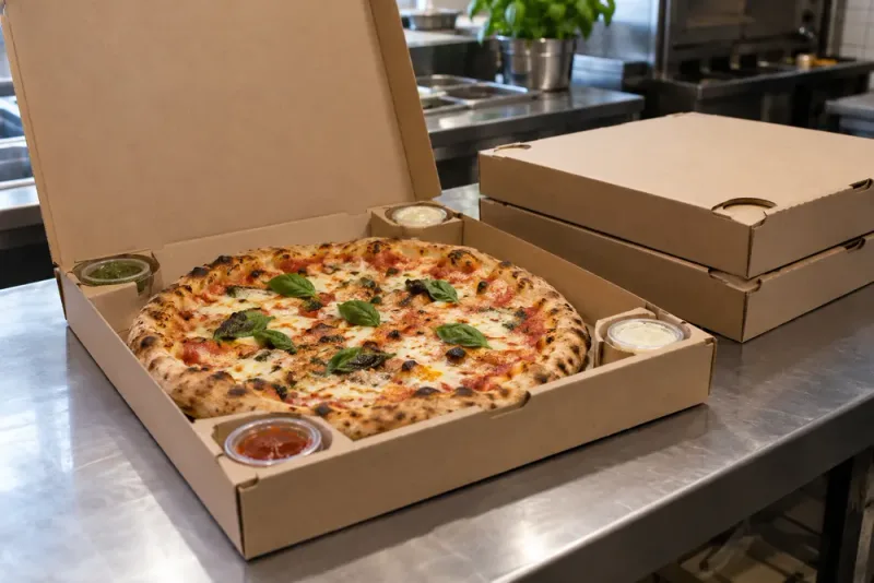 Ny pizzakartong håller såsburkarna på plats
