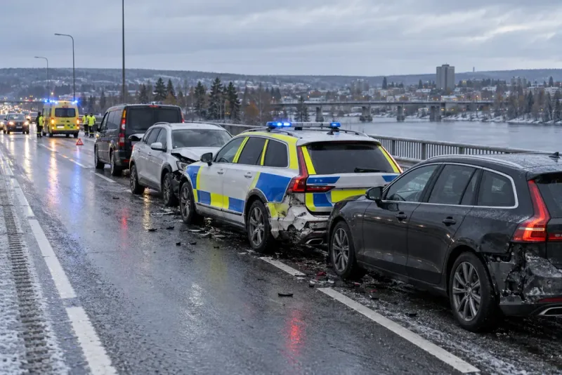 Polis till sjukhus efter seriekrock på halkiga vägar