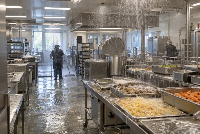 Sprinklerutbrott förstörde skollunchen – räddningstjänsten ryckte ut