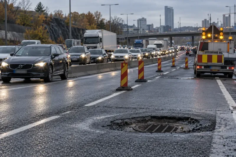 Nedsjunken vägbrunn orsakar långa köer på E6
