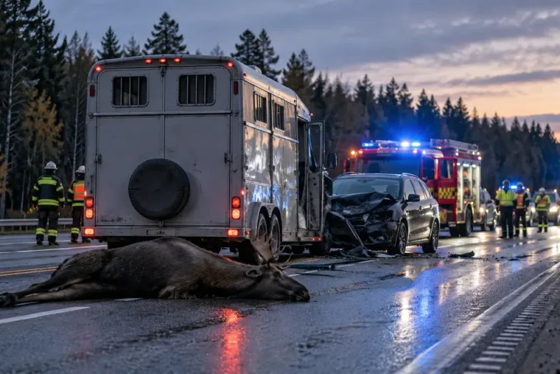 Älgkrock på E4 – ytterligare fordon körde in i hästbuss