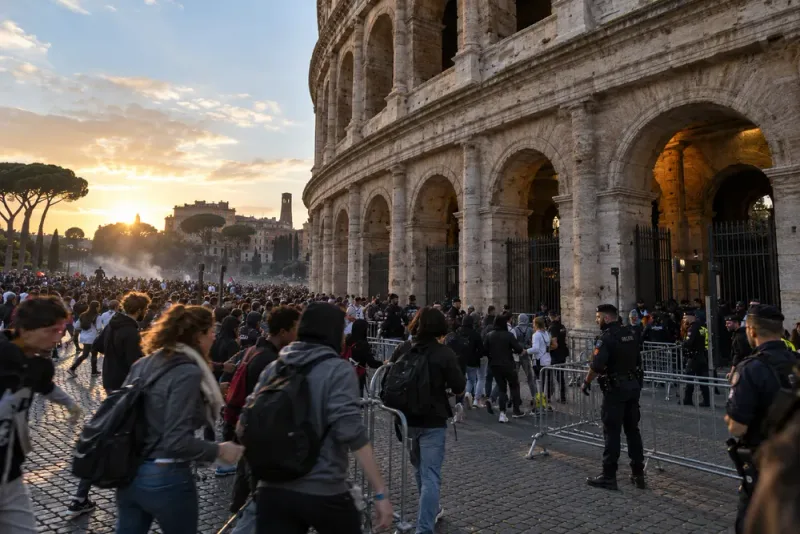 Ungdomar stormade Colosseum under stora protester i Rom