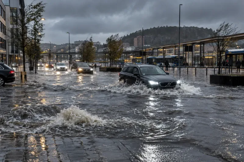 Stora översvämningar i Uddevalla efter stormen Boelo