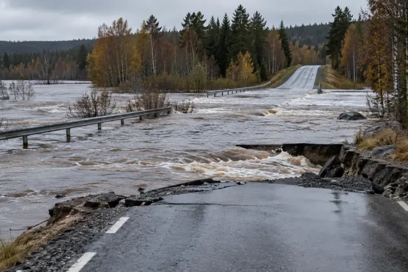 Översvämningsskador stoppar trafiken på viktig omledningsväg i Långå